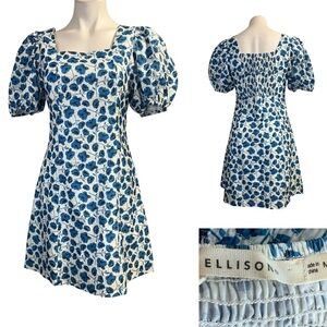 Ellison Dress size Med‎ White/Blue Floral Puff Sleeve mini casual